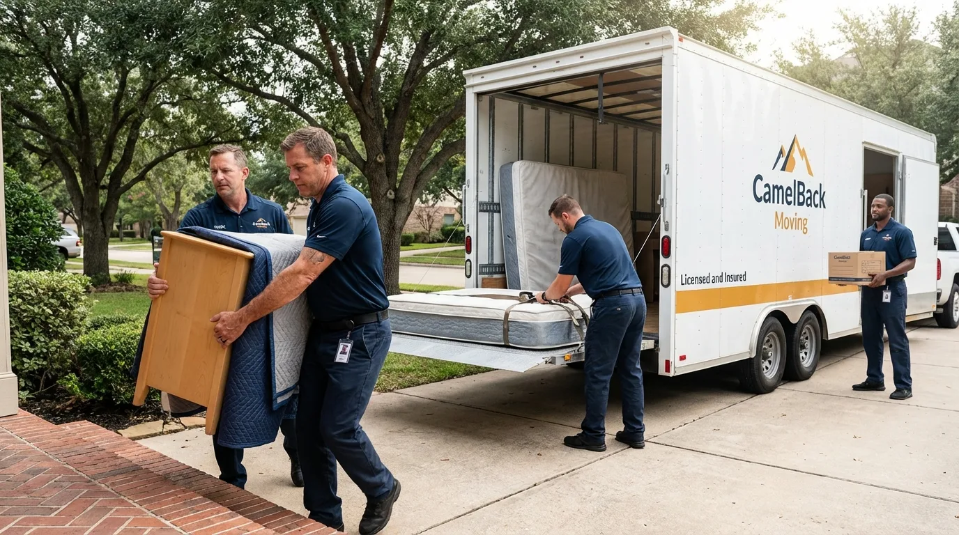Crew loading residential truck for cross-state move from Inglewood, CA