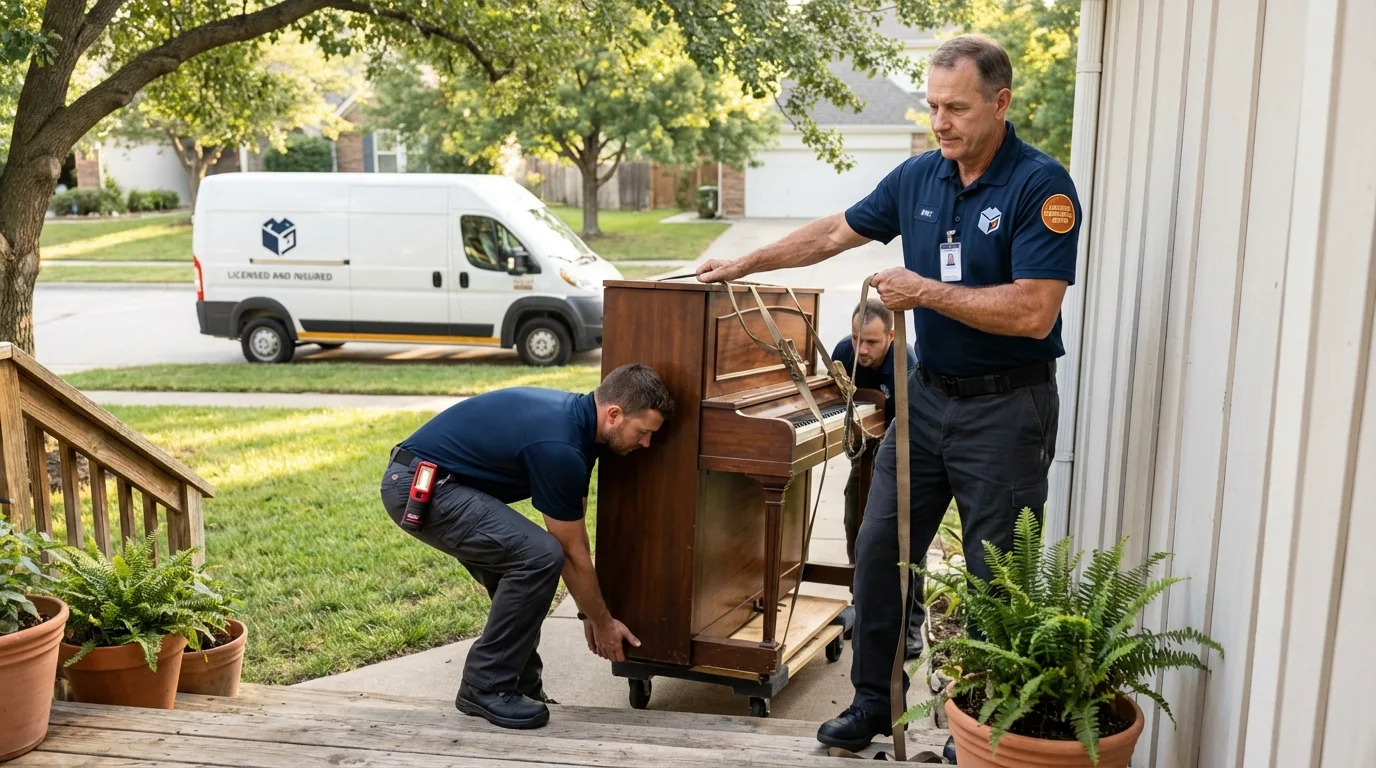 Licensed piano movers securing grand piano in Inglewood, CA