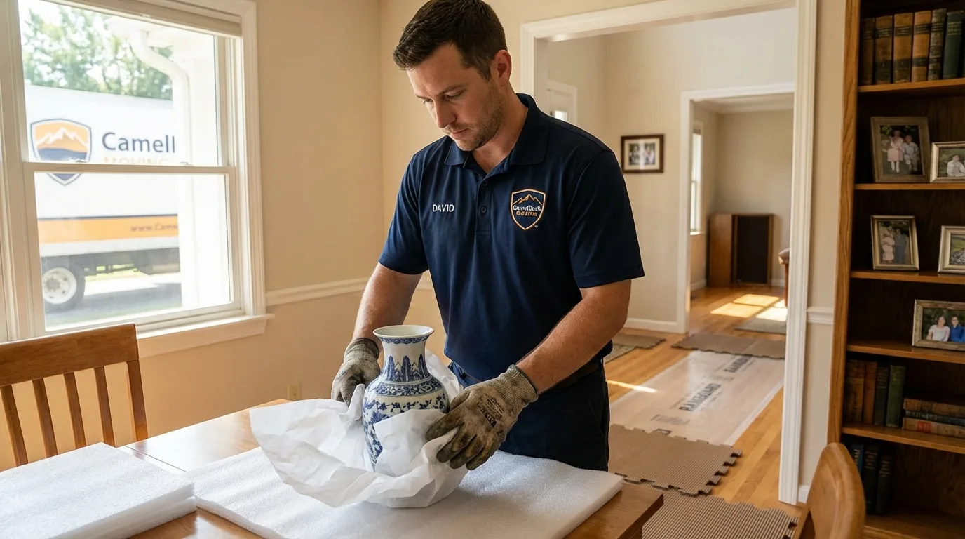Professional crew carefully wrapping antique vase for senior downsizing move in Inglewood, CA